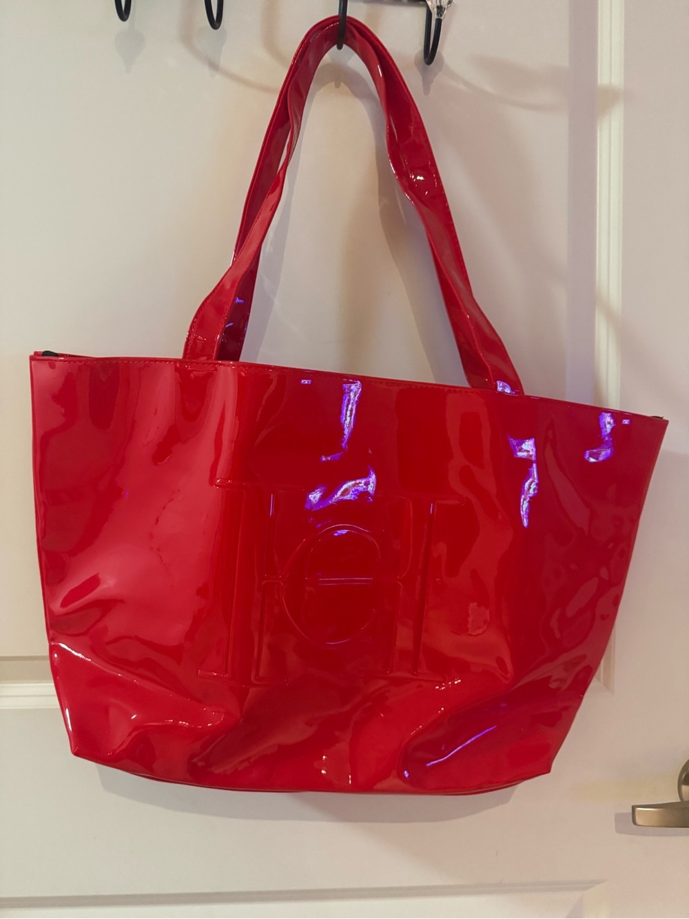 Carolina Herrera Good Girl Red Patent XL Tote Bag – Large Logo Statement Bag